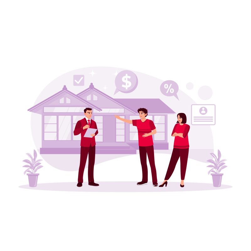 A real estate agent explains the home-buying process to a client. Mortgage Process concept. Trend Modern vector flat illustration